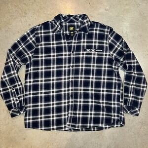 CAT Caterpillar Plaid Flannel Shirt Men’s 2XL Blue Grey White Button Workwear